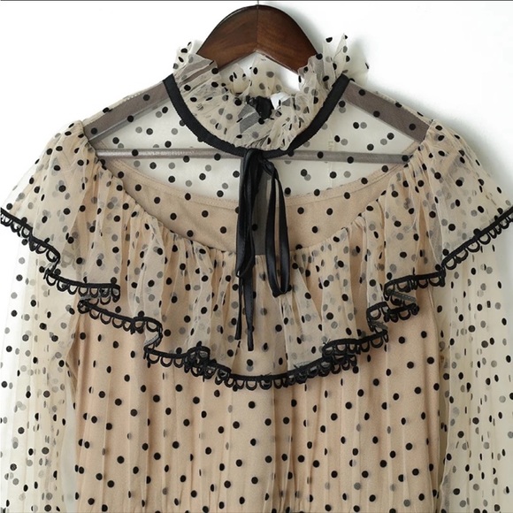 One Piece Lady Polka Dot Bow Ruffled Long Sleeve Mesh Dress - Picture 5 of 5